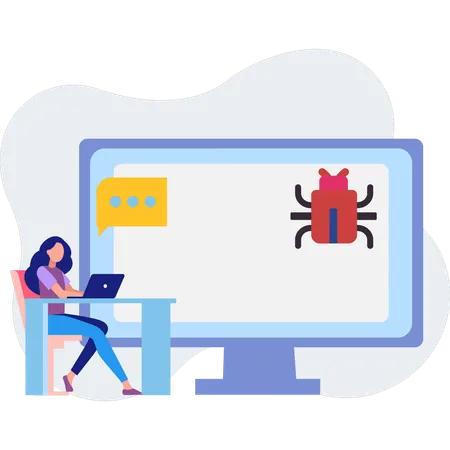 Girl working about bug virus on laptop  Illustration