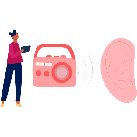 Girl working about human ear sound waves  Illustration