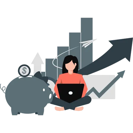 Girl working about success business growth on laptop  Illustration