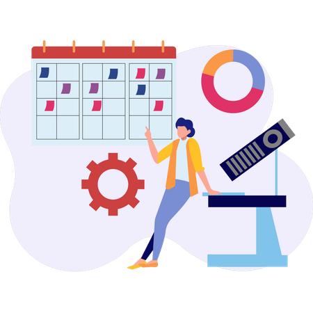 Girl working according to reminder note on calendar  Illustration