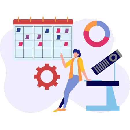 Girl working according to reminder note on calendar  Illustration