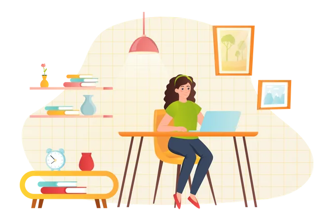 Freelance Workplace Flat Concept People Scene Young Girl Working At Laptop While Sitting At Desk In Cozy Room Remote Worker Doing Work From Home Office Vector Illustration For Web Banner Design Illustration