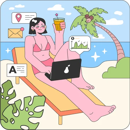 Girl working at beach  Illustration