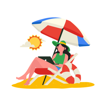 Girl working at beach tanned  Illustration