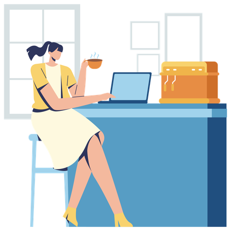 Girl Working at Cafe  Illustration