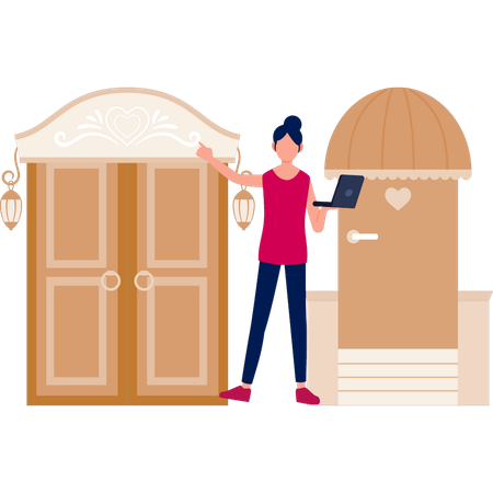 Girl working at hotel door  Illustration