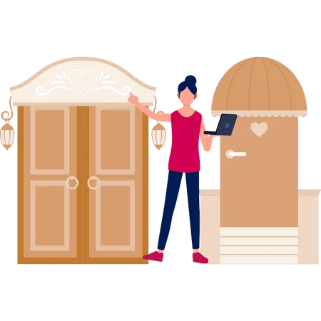 Girl working at hotel door  Illustration