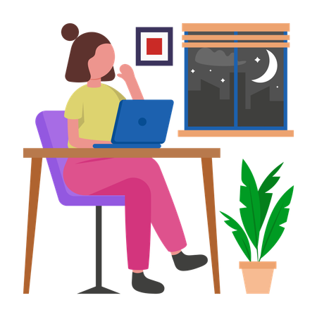 Girl Working at Late Night  Illustration
