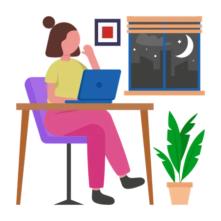 Girl Working at Late Night  Illustration