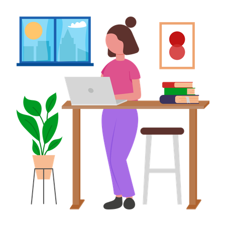 Girl Working at Standing Desk  Illustration