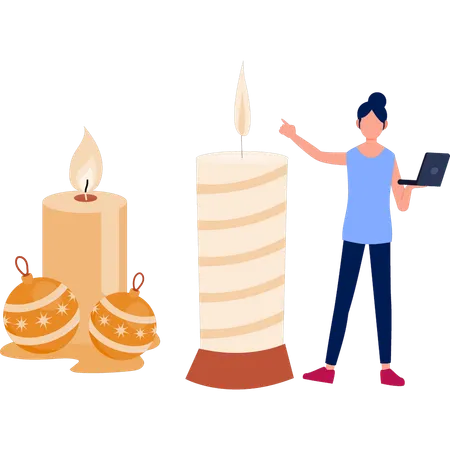 Girl working beside romantic golden candle  Illustration