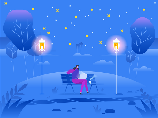 Girl working during night at park bench during winter  Illustration