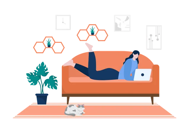 Relax At Home Vector Flat Illustration With People Sitting On The Sofa Listening To Music Playing Smartphone Or Computer Drinking Tea Yoga Reading A Book And Sleeping Illustration