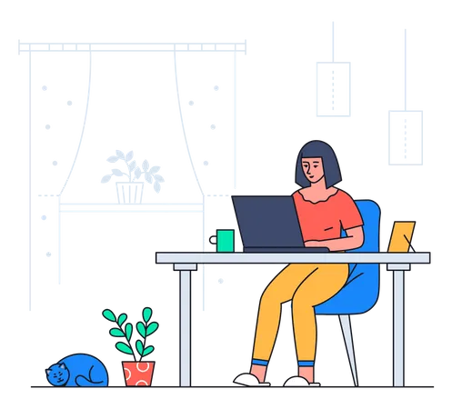 Girl Working From Home Colorful Flat Design Style Illustration With Line Elements On White Background A Composition With A Woman Freelancer Sitting At The Desk With A Laptop Online Business Idea Illustration