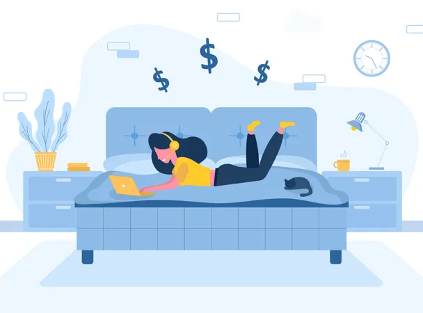 Womens Freelance Girl With Laptop In Headphones Lying On The Sofa Concept Illustration For Working Studying Education From Home Healthy Lifestyle Vector Illustration In Flat Style Illustration