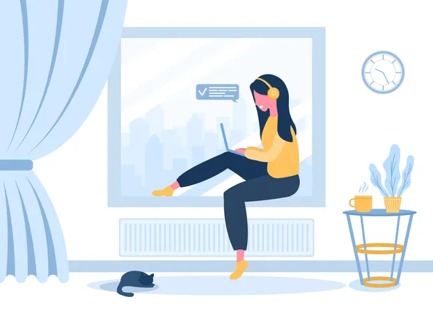 Womens Freelance Girl In Headphones With Laptop Sitting On The Windowsill Concept Illustration For Working Studying Education Work From Home Healthy Lifestyle Vector Illustration In Flat Style Illustration