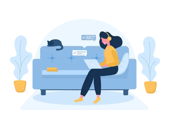 Womens Freelance Girl With Laptop In Headphones Sitting On The Sofa Concept Illustration For Working Studying Education From Home Healthy Lifestyle Vector Illustration In Flat Style Illustration