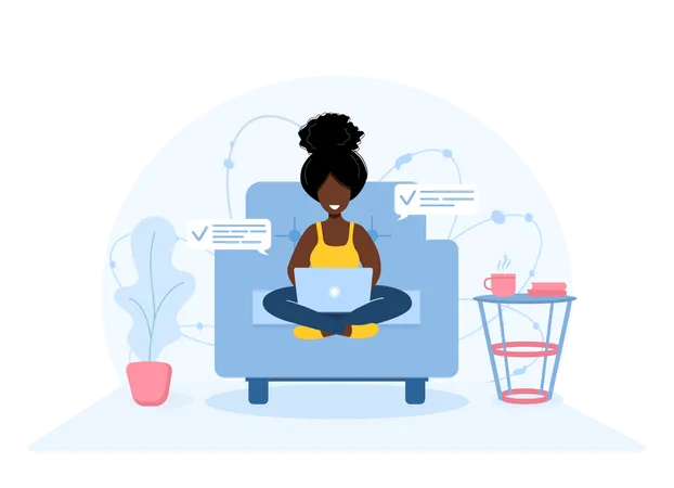 Women Freelance African Girl With Laptop Sitting On Armchair Concept Illustration For Working Studying Education Work From Home Healthy Lifestyle Vector Illustration In Flat Style Illustration