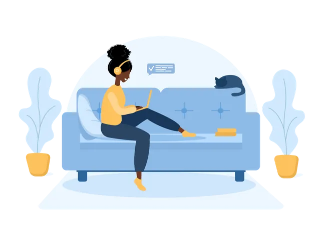 Woman Freelance African Girl In Headphones With Laptop Sitting On The Sofa Concept Illustration For Working Online Education Work From Home Healthy Lifestyle Vector Illustration In Flat Style Illustration