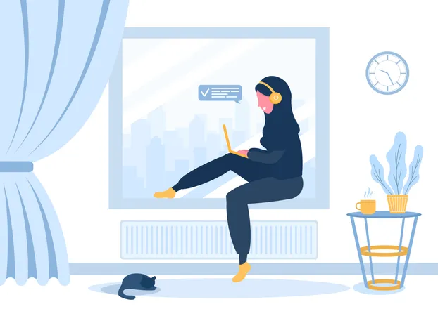 Womens Freelance Arabian Girl In Hijab And Headphones With Laptop Sitting On The Windowsill Concept Illustration For Working Studying Education Work From Home Vector Illustration In Flat Style Illustration