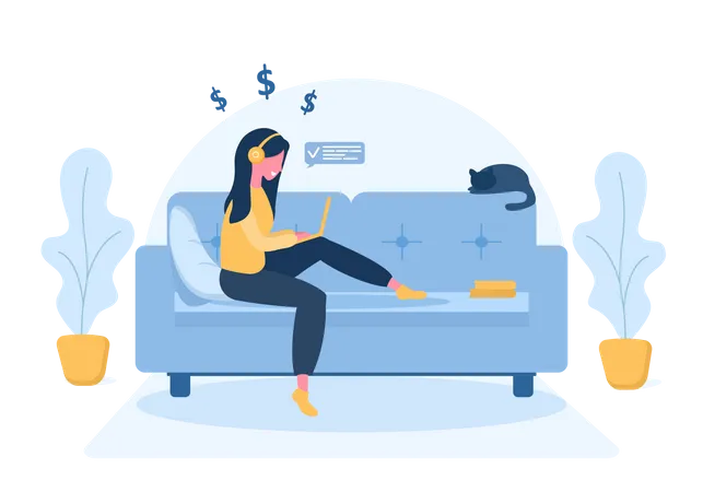 Womens Freelance Girl With Laptop In Headphones Sitting On The Sofa Concept Illustration For Working Studying Education From Home Healthy Lifestyle Vector Illustration In Flat Style Illustration