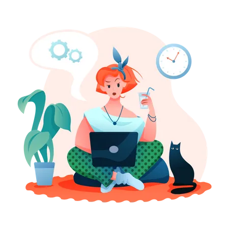 Girl working from home  イラスト