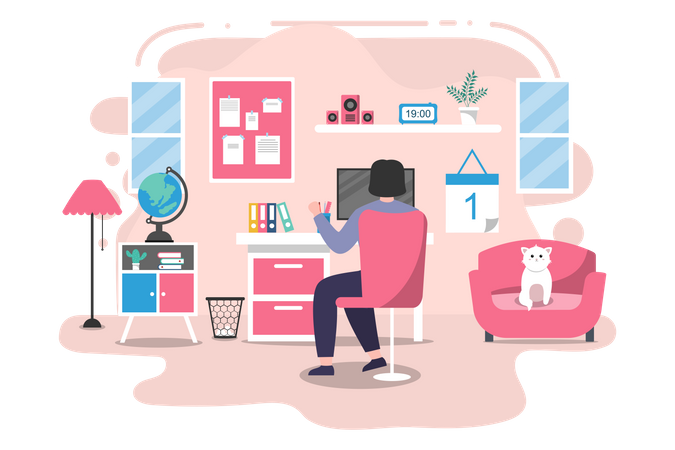 Girl working from home  Illustration