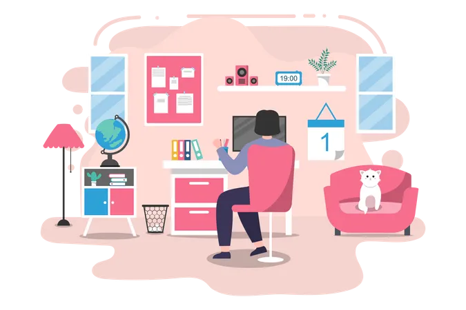 Girl working from home  Illustration