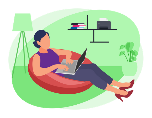 Girl working from home while seating on beanbag Illustration