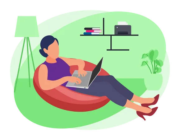 Girl working from home while seating on beanbag Illustration