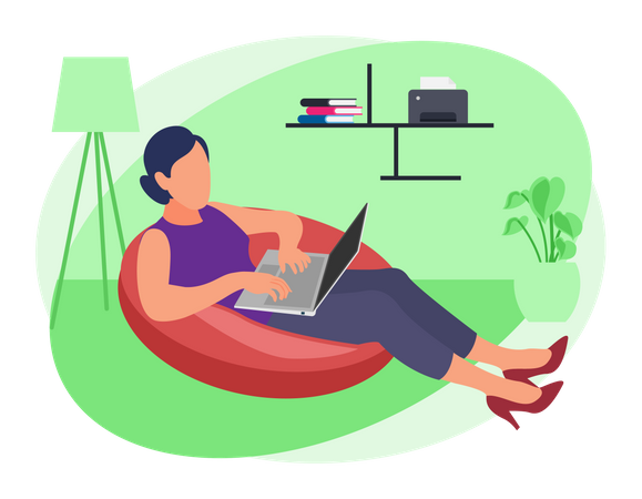 Girl working from home while seating on beanbag  Illustration