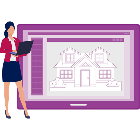 Girl working house construction on laptop  Illustration