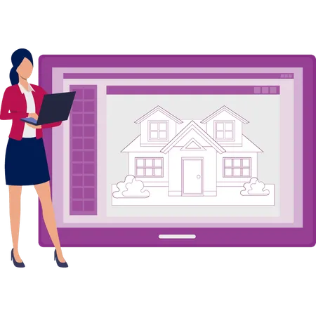 Girl working house construction on laptop  Illustration