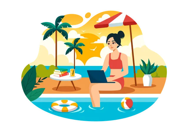 Freelance Workers Relaxing By The Swimming Pool Vector Illustration With Drinking Cocktails And Using Laptops In A Flat Cartoon Style Background Illustration