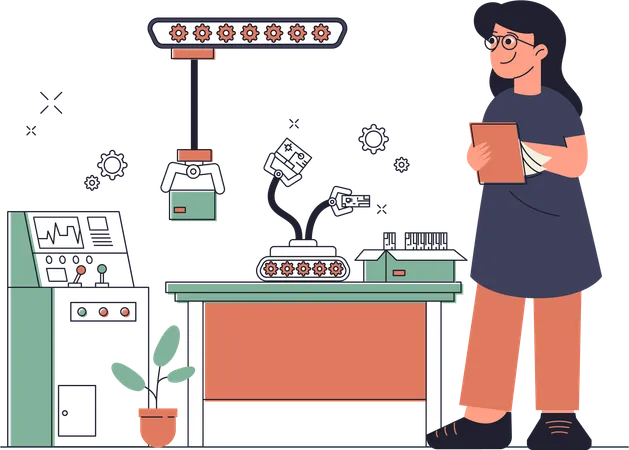 This Captivating Flat Illustration Of Woman Doing Operation Technology Manufacture Captures The Essence Of A Forward Looking And Innovative Tech Environment Showcasing The Dedication Creativity And Technological Prowess Of Those Who Are Shaping The Digital Future Illustration