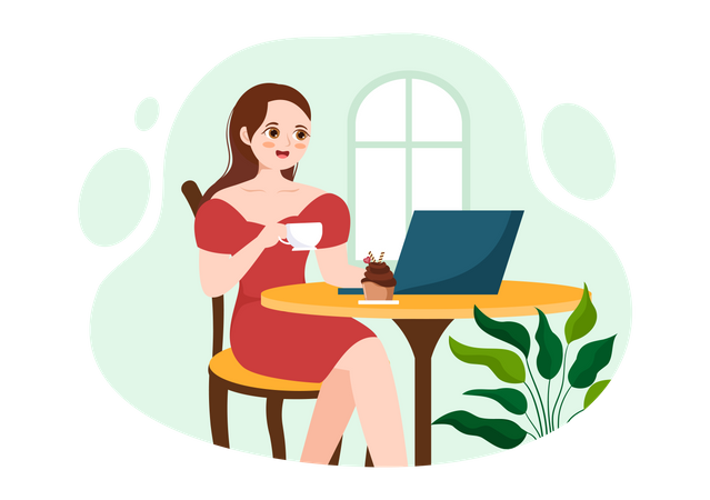 Girl working in cyber cafe Illustration