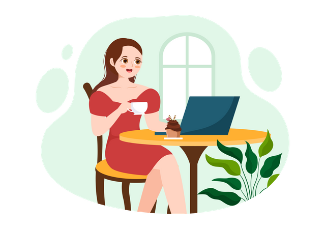 Girl working in cyber cafe  Illustration