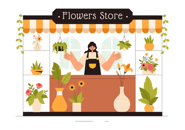 Girl working in flower shop  Illustration