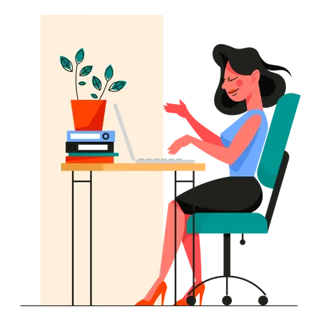 Woman In Smart Casual Sitting At The Desk And Working On The Computer Professional Office Worker At The Workplace Vector Illustration In Cartoon Style Illustration