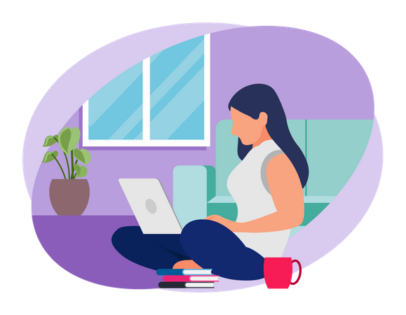 Girl working in laptop with coffee cup Illustration
