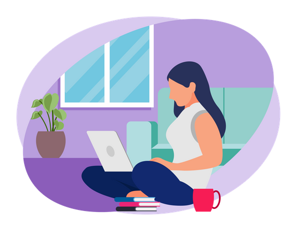 Girl working in laptop with coffee cup  Illustration