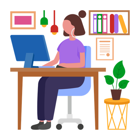Girl Working in Office  Illustration