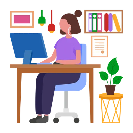 Girl Working in Office  Illustration