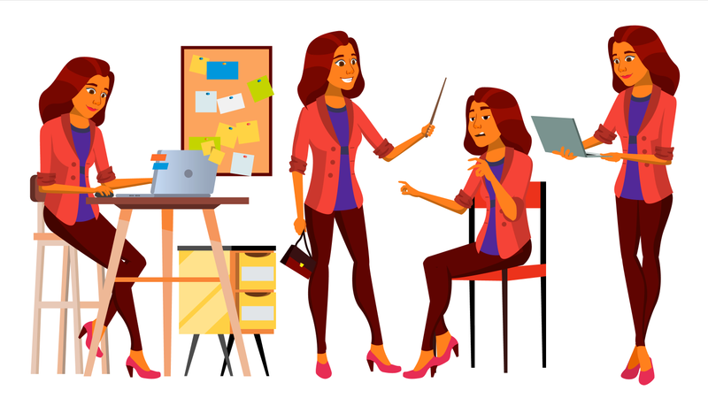 Girl Working In Office With Different Gestures Illustration