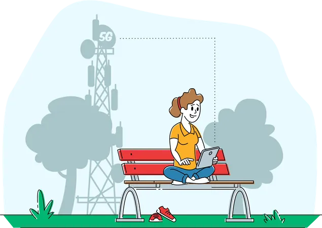 Social Media Networking Technology Young Woman Character Sitting On Bench With Tablet In Hands Communicating Online And Watching HD Tv Programs Use High Speed 5 G Internet Linear Vector Illustration Illustration