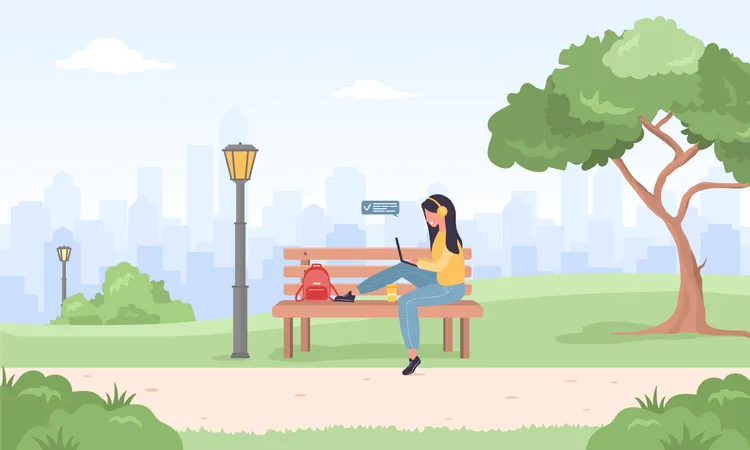 Womens Freelance Girl With Laptop Sitting On Bench In Park Concept Illustration For Working Outdoors Studying Communication Healthy Lifestyle Vector Illustration In Flat Style Illustration