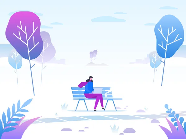 Girl working in park during winter  Illustration