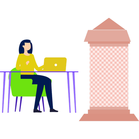 Girl working laptop near billboard  Illustration