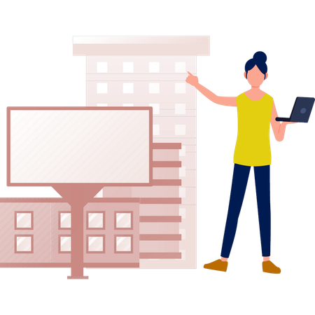 Girl working laptop on real estate bill board  Illustration