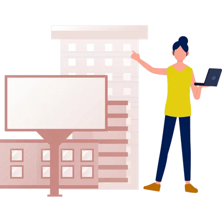 Girl working laptop on real estate bill board  Illustration
